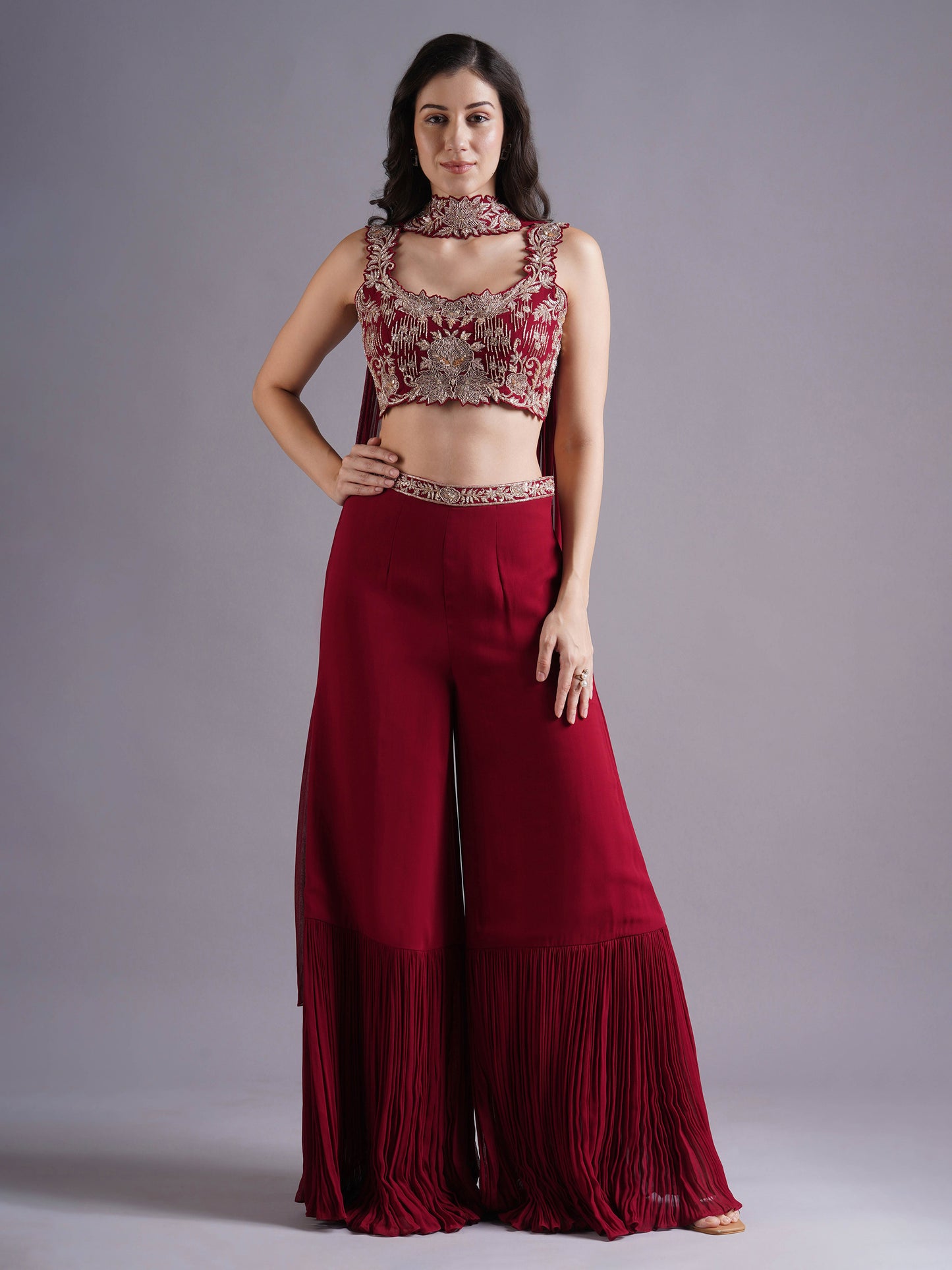 Alamkara Red Cutwork Blouse with Gathered Sharara and Choker