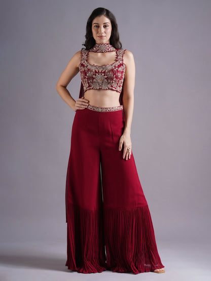 Alamkara Red Cutwork Blouse with Gathered Sharara and Choker