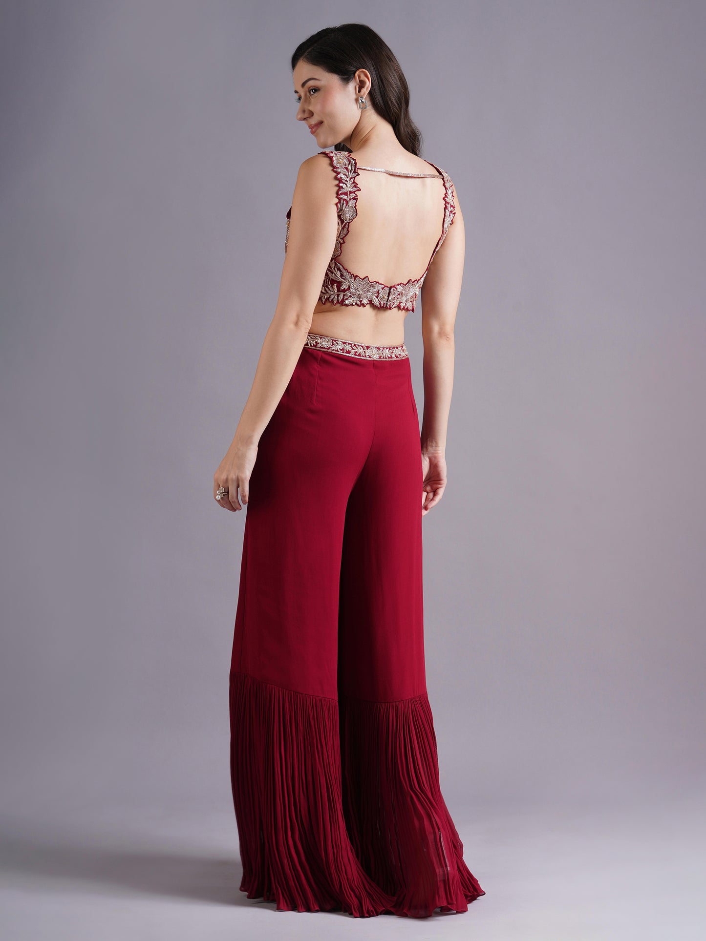 Alamkara Red Cutwork Blouse with Gathered Sharara and Choker