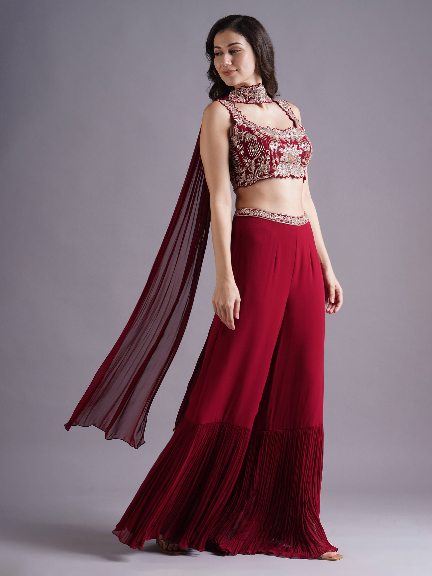 Alamkara Red Cutwork Blouse with Gathered Sharara and Choker