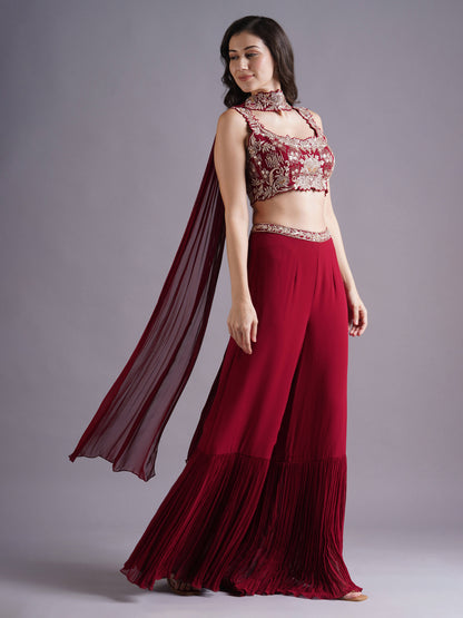 Alamkara Red Cutwork Blouse with Gathered Sharara and Choker