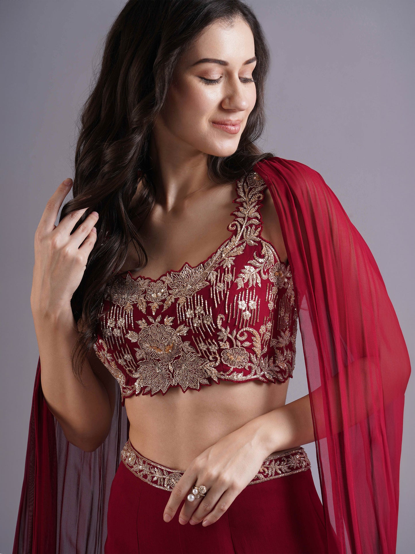 Alamkara Red Cutwork Blouse with Gathered Sharara and Choker