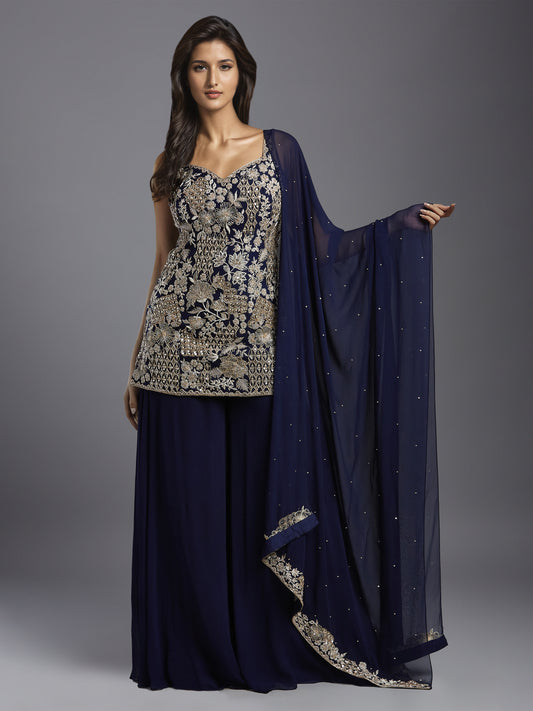 Navy Georgette Sweetheart Kurta and Sharara Set with Matching Dupatta