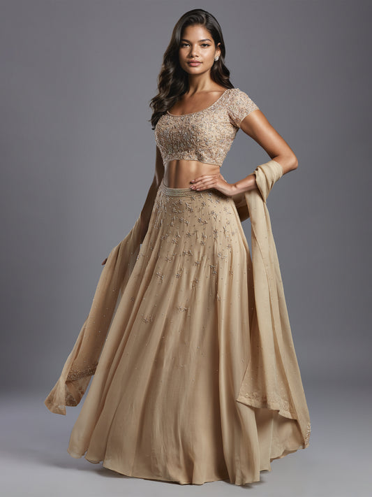 Nude Holo Embroidered Georgette Lehenga Set with Dupatta