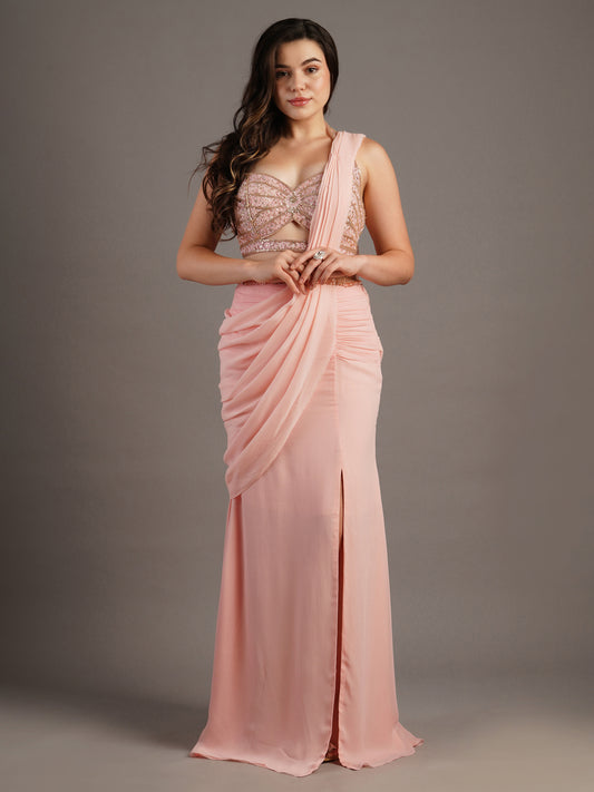 Pink Butterfly Cut Holo Emb Blouse With Side Slit Draped Saree