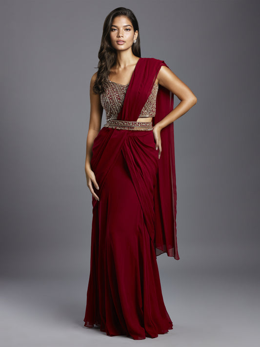 Maroon Georgette Draped Saree with Net Embroidered Blouse and Belt