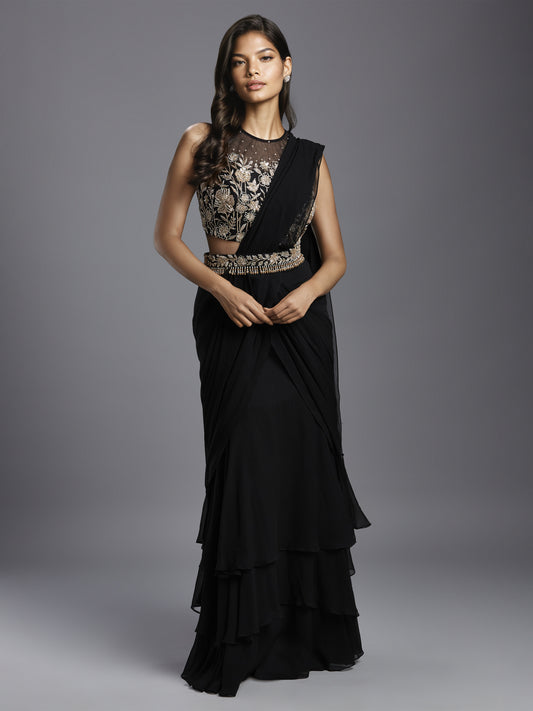 Black Georgette Three Layered Saree with Net Embroidered Blouse and Belt