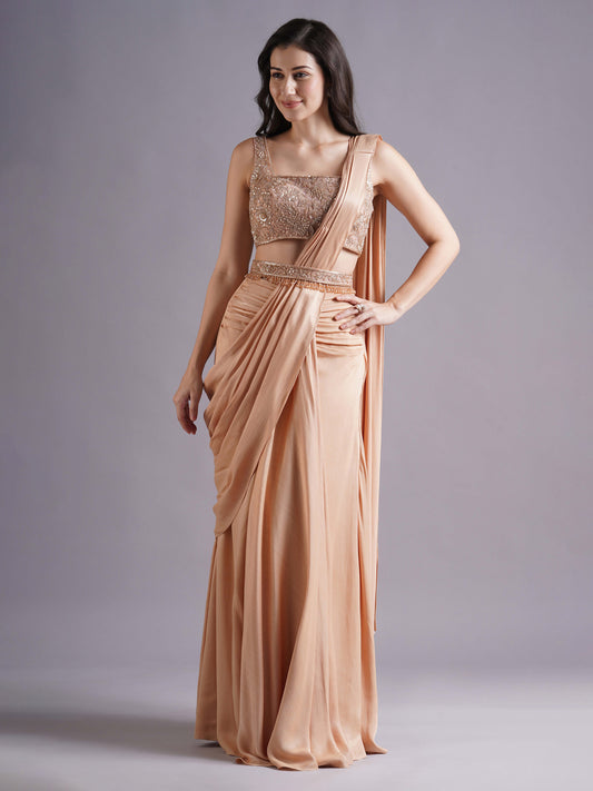 Nude Net Square Neck Blouse with Crepe Satin Ruched Saree and Belt