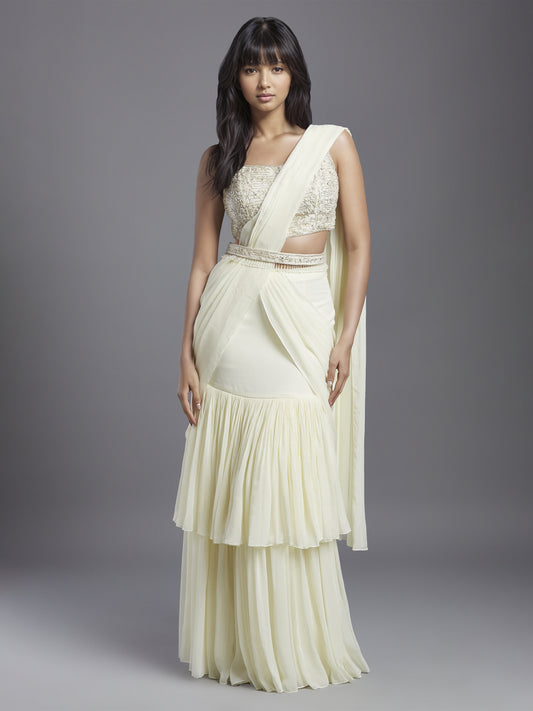 Ivory Georgette Double Layered Gathered Draped Saree with Net Embroidered Blouse and Belt