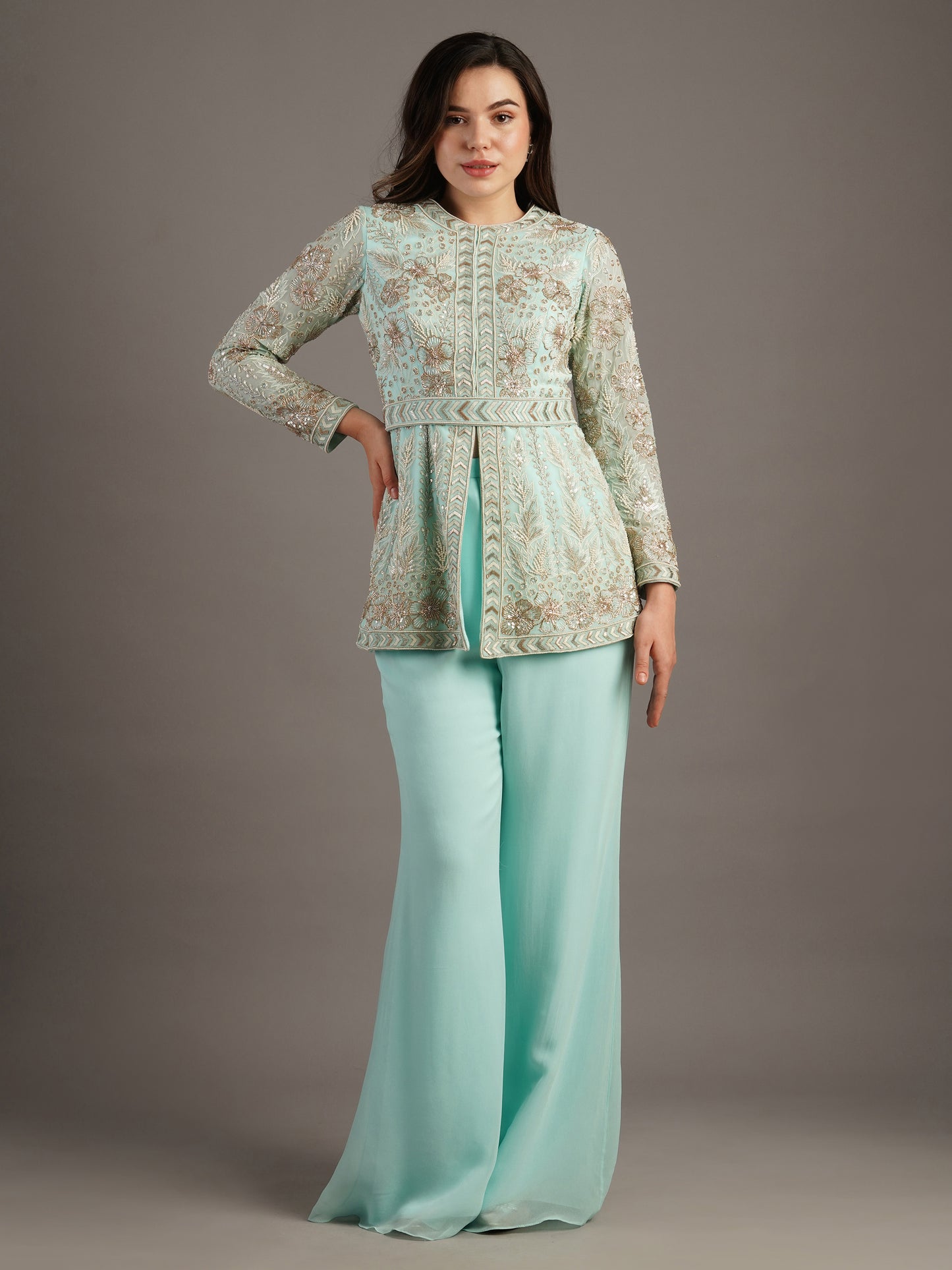 Powder Blue Floral Peplum Jacket And Pant Set