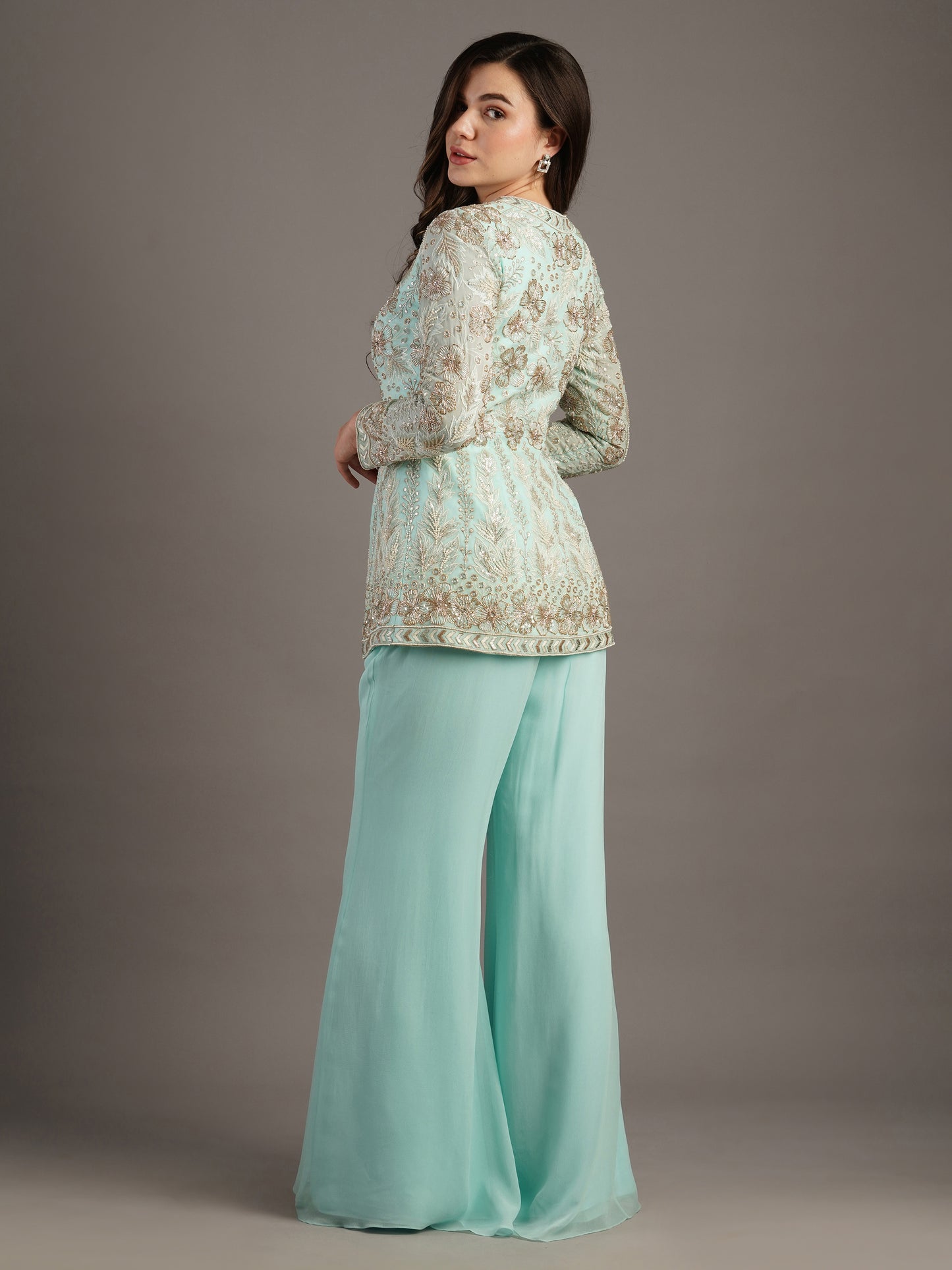 Powder Blue Floral Peplum Jacket And Pant Set