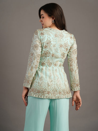 Powder Blue Floral Peplum Jacket And Pant Set