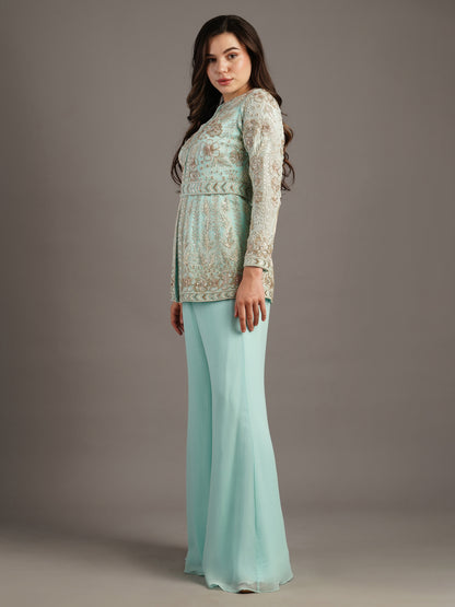 Powder Blue Floral Peplum Jacket And Pant Set