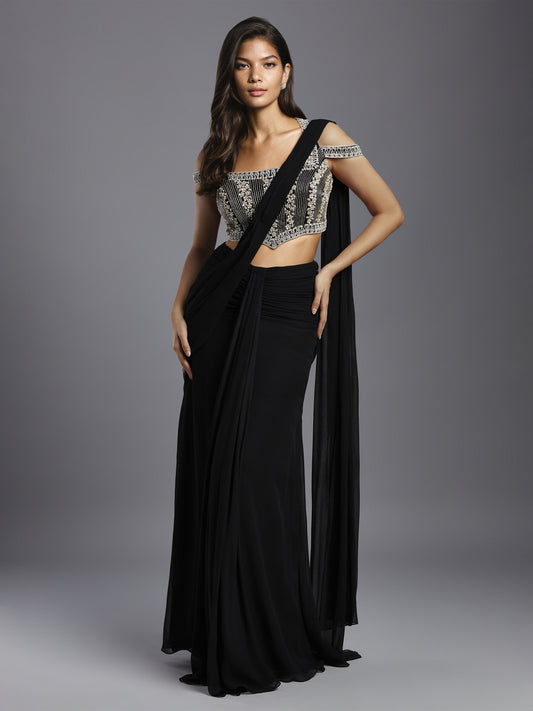 Black Cold Shoulder Net Blouse with Georgette Ruched Saree and Belt