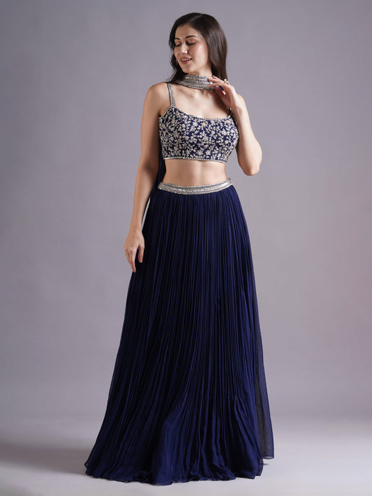 Navy Georgette Strappy Blouse with Pleated Lehenga and Choker Dupatta