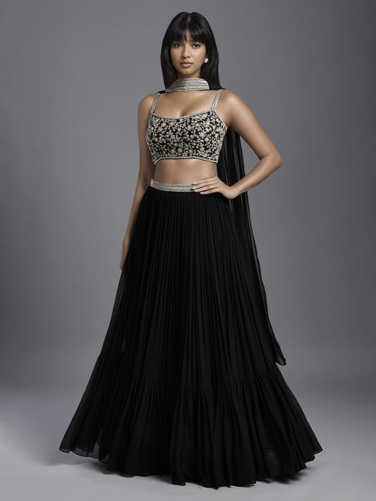 Black Georgette Gathered Skirt with Embroidered Blouse and Choker Dupatta