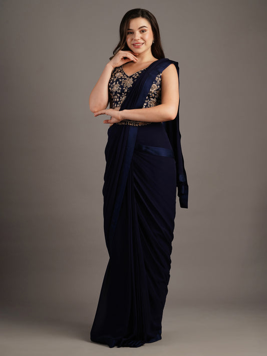 Navy V Neck Modal Satin Blouse With Georgette Pre Stitched Saree And Belt