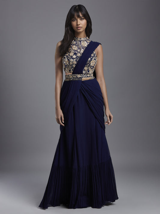 Navy Net Creeper Embroidered Blouse and Georgette Draped Saree Set with Belt