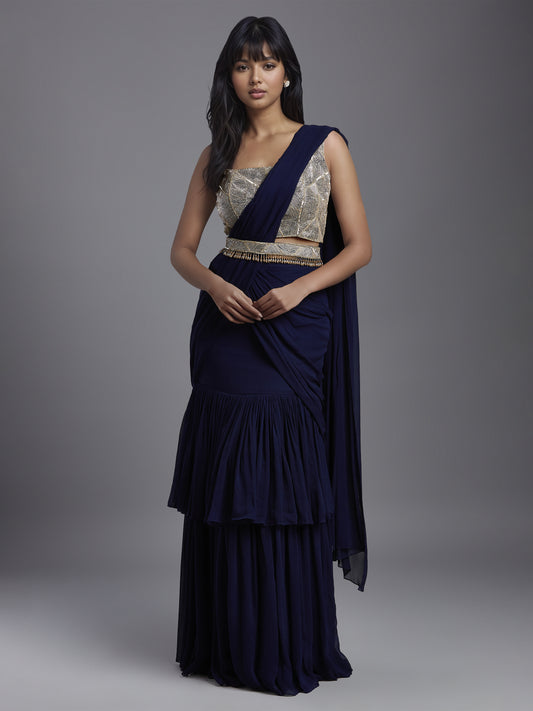 Navy Net Abstract Line Embroidered Blouse with Double Layered Gathered Draped Saree and Belt