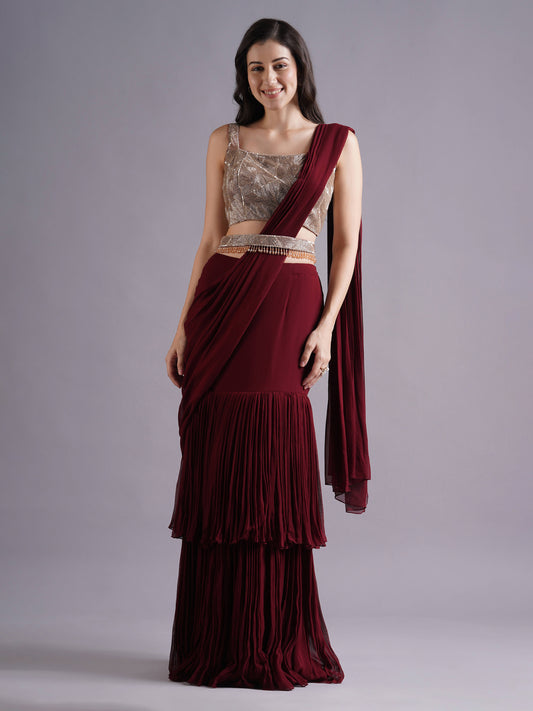 Maroon Net Abstract Line Blouse with Double Layered Draped Saree and Belt