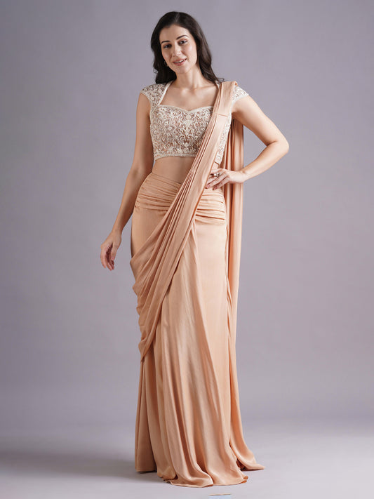 Nude Mandala Blouse with Crepe Satin Ruched Saree and Belt