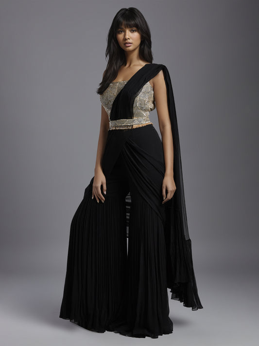 Black Net Abstract Line Embroidered Blouse and Georgette Sharara Draped Saree Set with Belt