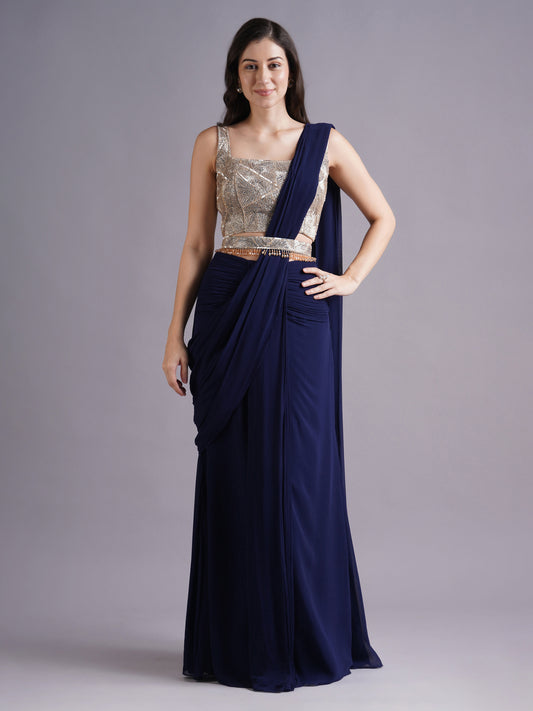 Navy Net Abstract Line Blouse with Hip Ruched Saree and Belt