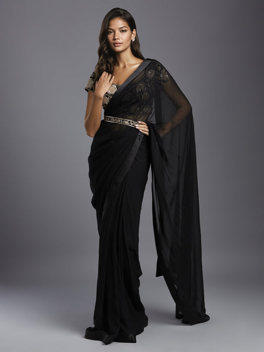 Black Georgette Pre Stitched Saree with Crepe Satin Embroidered Blouse and Belt