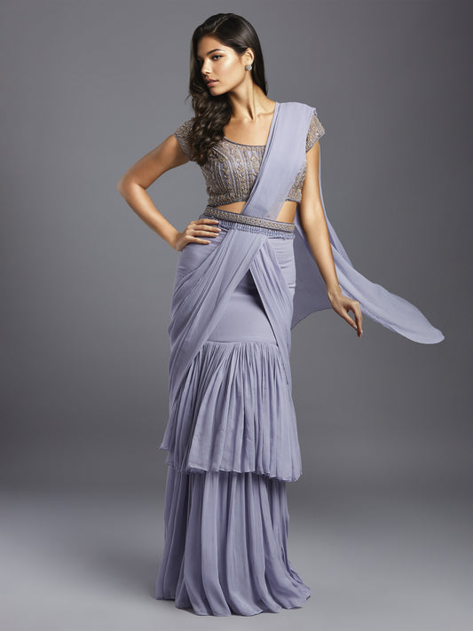 Lilac Georgette Double Layered Gathered Draped Saree with Net Spring Palace Blouse and Belt