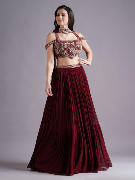 Maroon Net Cold Shoulder Rose Emb Blouse with Gathered Skirt and Choker