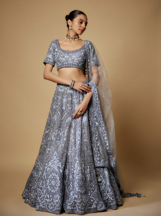 Grey Net Embroidered Lehenga Set with Embroidered Dupatta