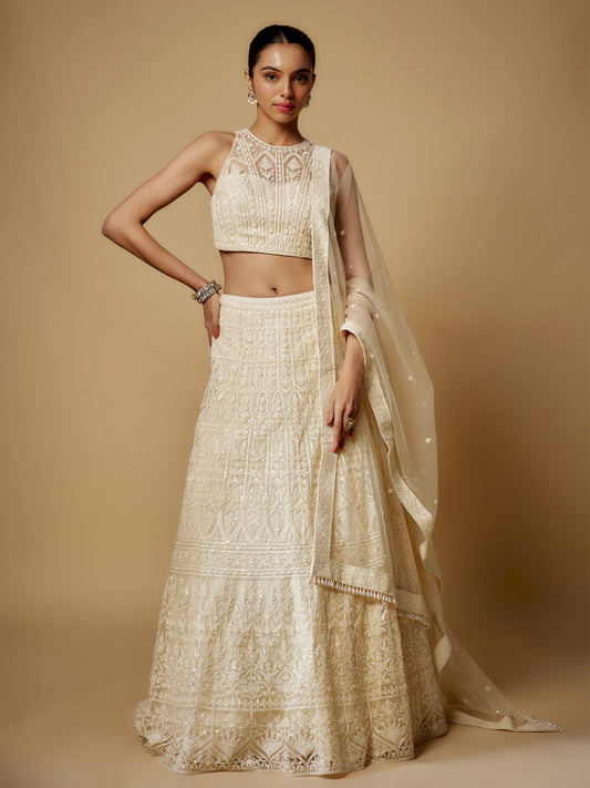 Ivory Net Embroidered Lehenga Set with Embroidered Dupatta