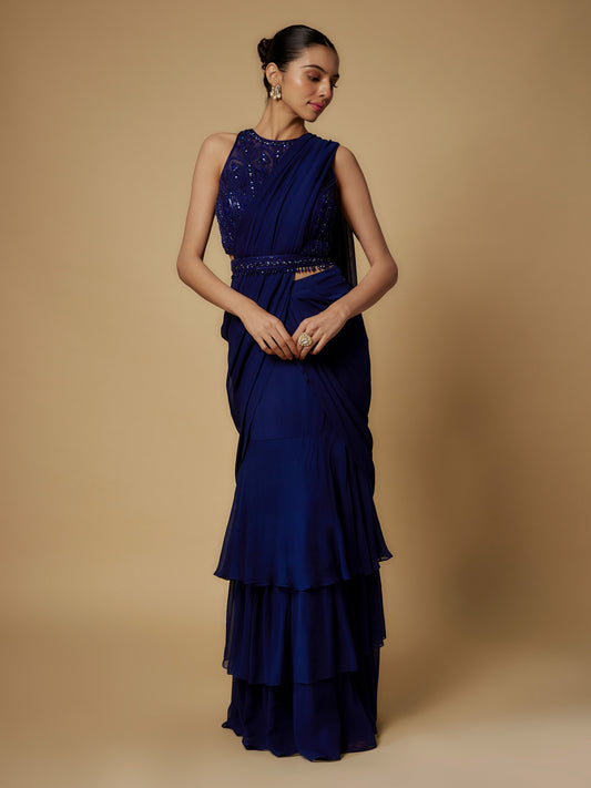 Navy Net Embroidered Blouse with Draped Saree and Belt