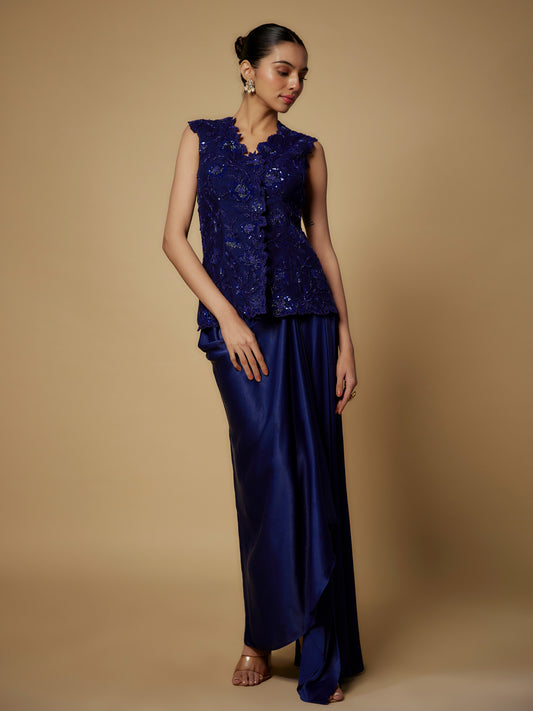 Navy Net Embroidered Jacket with Crepe Satin Draped Skirt