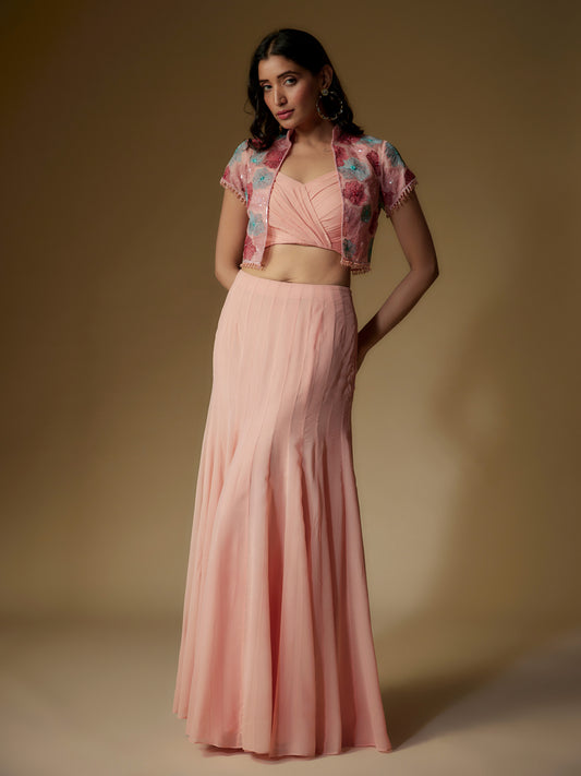 Peach Organza Embroidered Jacket and Skirt Set