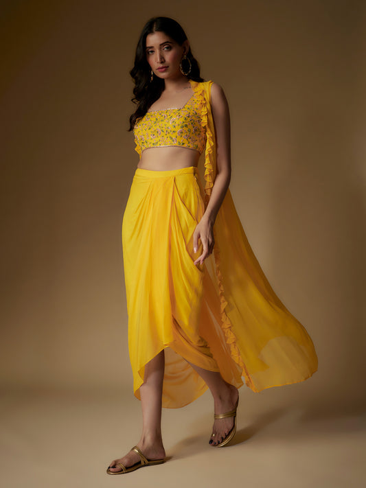 Yellow Georgette Embroidered Draped Skirt Set with Cape