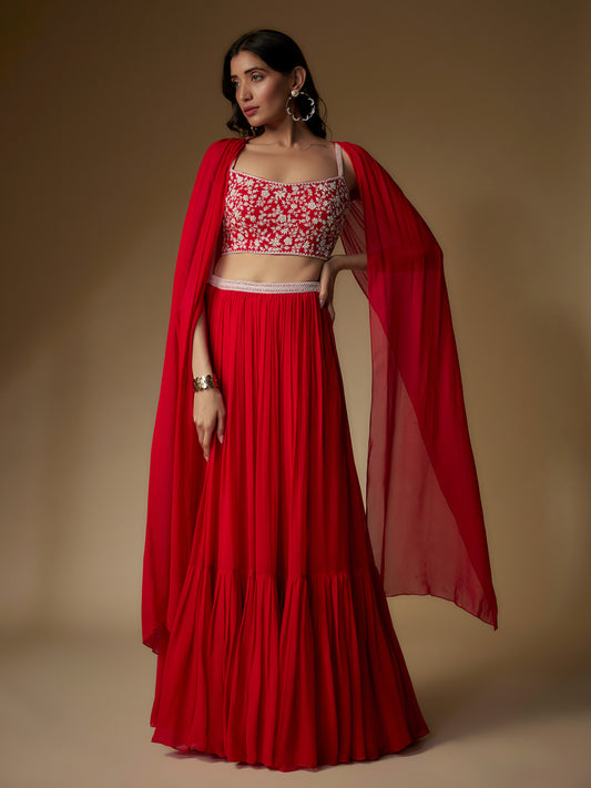 Red Georgette Embroidered Skirt Set