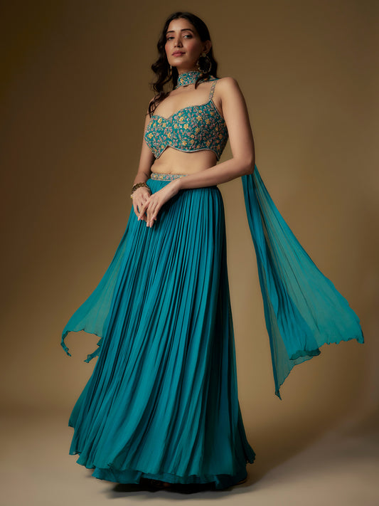 Teal Georgette Embroidered Skirt Set