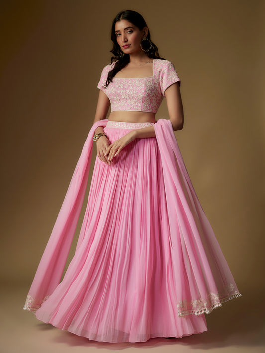 Baby Pink Georgette Embroidered Skirt Set