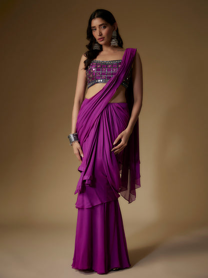 Purple Georgette Embroidered Draped Saree and Blouse Set