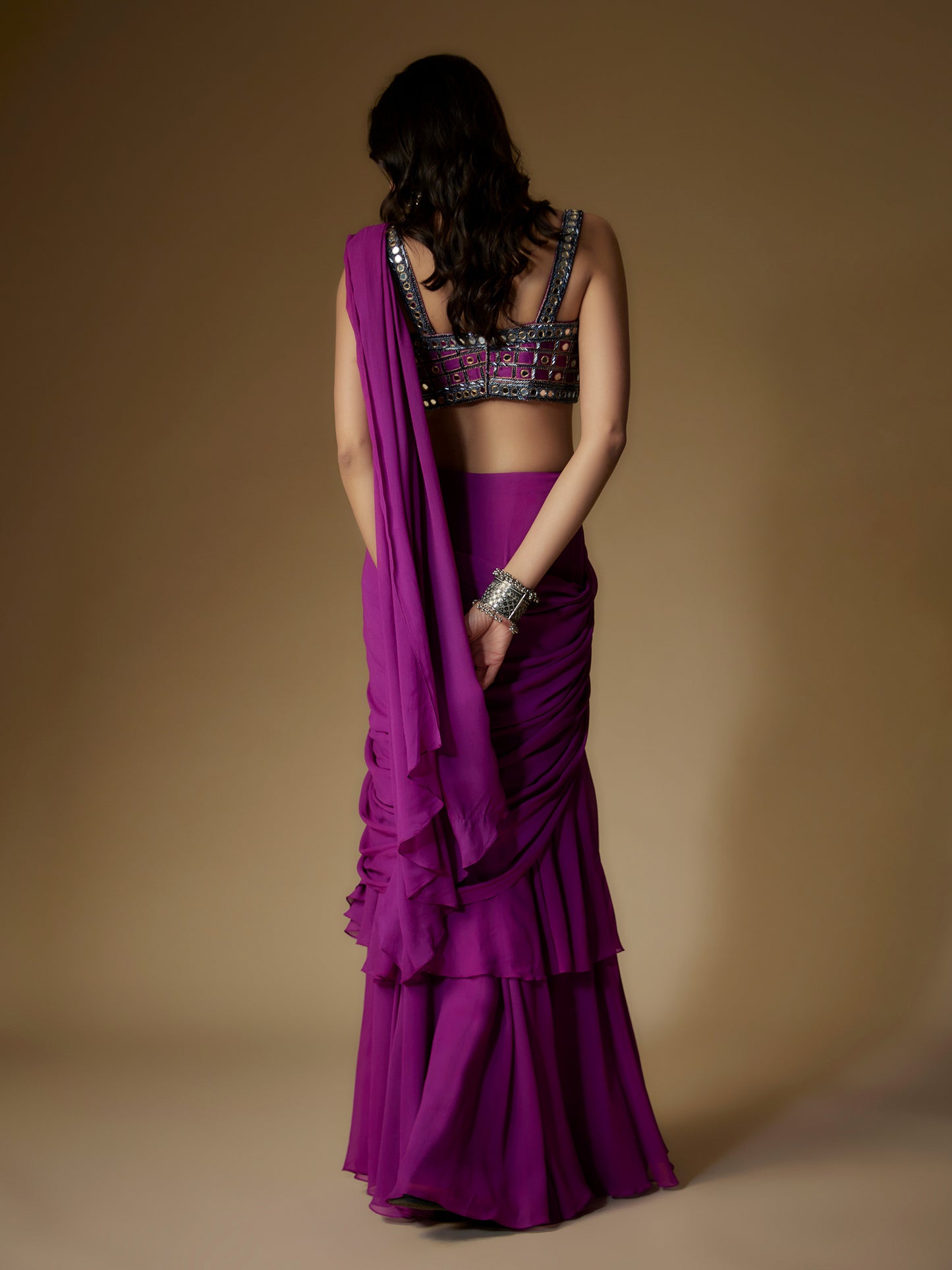 Purple Georgette Embroidered Draped Saree and Blouse Set