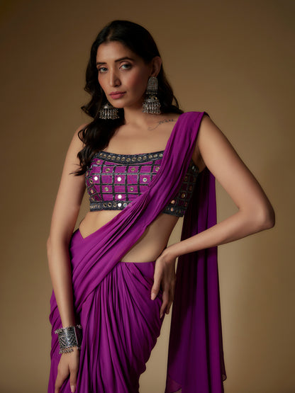 Purple Georgette Embroidered Draped Saree and Blouse Set