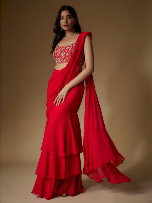 Red Georgette Embroidered Draped Saree and Blouse Set