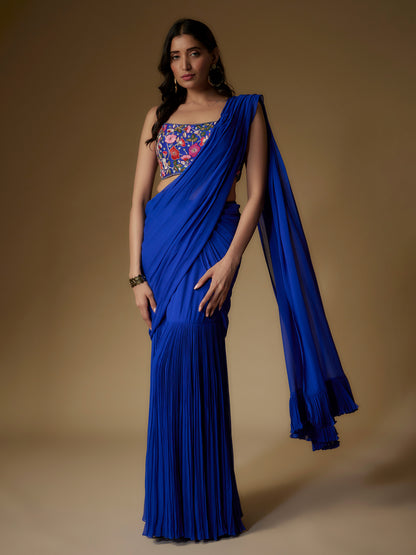 Blue Georgette Embroidered Draped Saree and Blouse Set