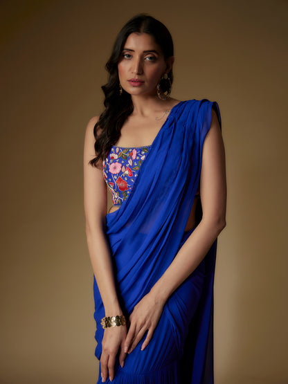 Blue Georgette Embroidered Draped Saree and Blouse Set