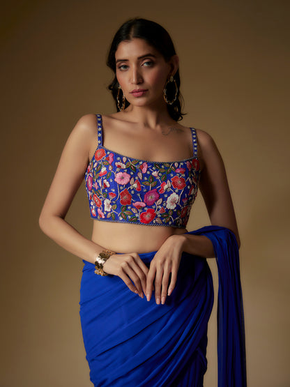 Blue Georgette Embroidered Draped Saree and Blouse Set