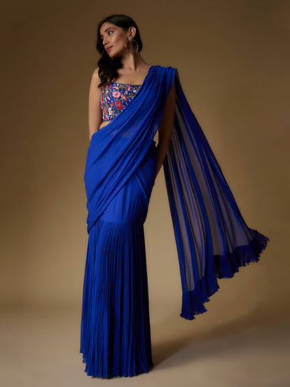 Blue Georgette Embroidered Draped Saree and Blouse Set