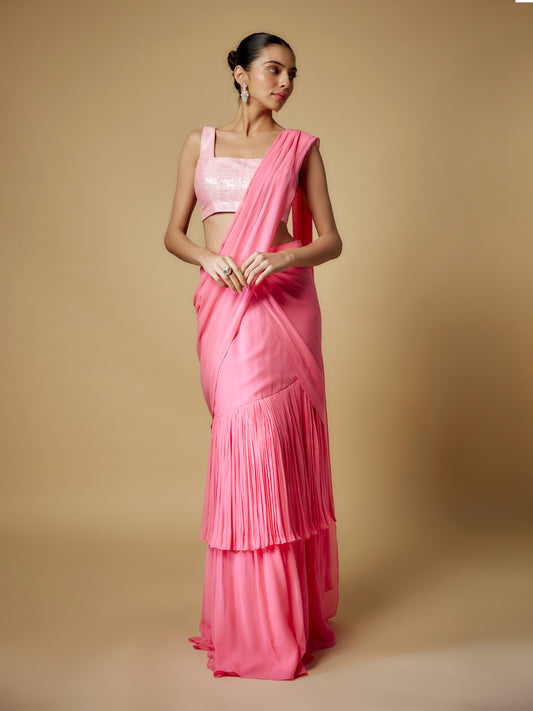 Pink Georgette Draped Saree with Beaded Blouse