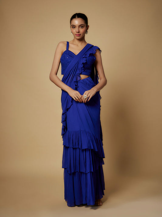 Electric Blue Georgette Draped Saree with Mirror Work Blouse