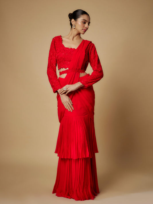 Red Georgette Draped Saree with Embroidered Blouse and Belt